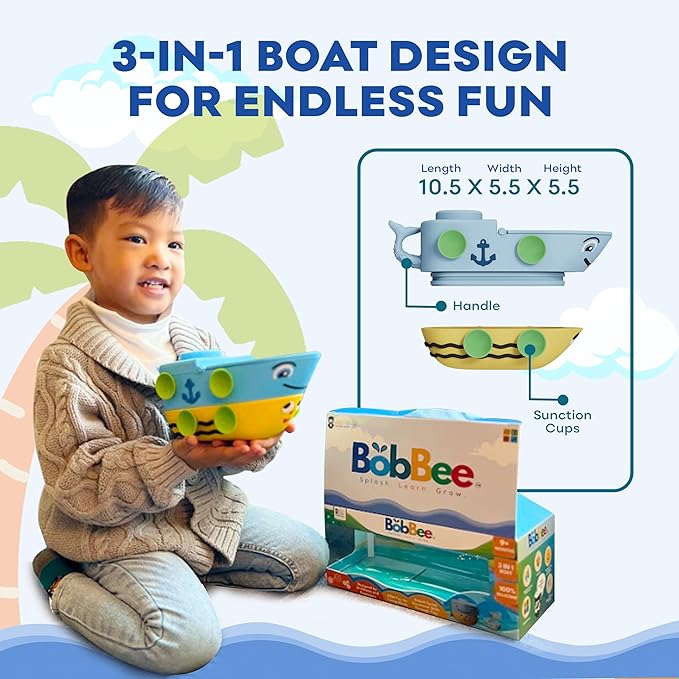Griddly Kids BobBee – The Ultimate Baby Bath Toy for Kids Ages 1-3, Shower, Pool & Bathtub Water Toys for Toddlers, Durable & Waterproof Silicone Toddler Bath Toys, 3-in-1 Water Boat for STEM Learning