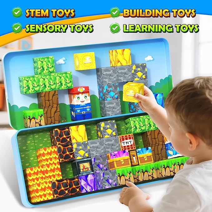 Magnetic Blocks Travel Toys with Metal Tin Travel Essentials STEM Learning Outdoor Building Kids Toddler Toys & Birthday Gifts for Boys Girls Ages 3+