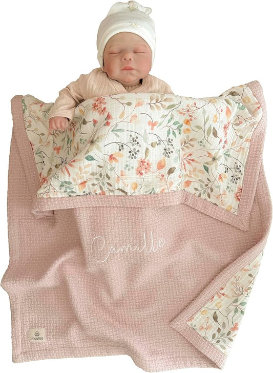 Personalized Baby Blanket with Name – Handmade 100% Organic Cotton Newborn Gift | Custom Knit Blanket for Boys, Girls, Kids & Baby Showers (Petal Pink/Petal Whispers)