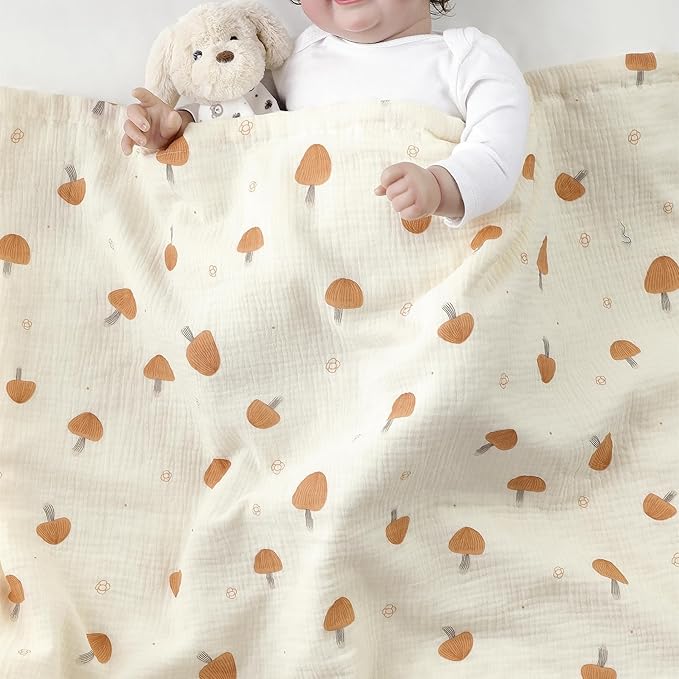CREVENT 30''X40'' Organic Muslin Cotton Baby Blanket for Newborns, Soft Mink Backing, Essential for Baby Shower Birthday Gift - Mushroom 75X100cm
