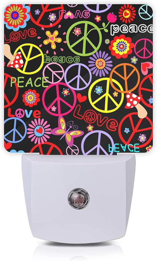 Hippie Peace Flowers Night Light,Hippies Plug-in Night Lights with Dusk-to-Dawn Sensor for Bedroom, Bathroom and Living Room 0.5W Sleep Friendly lamp for for Girlfriend/Boyfriend Gift