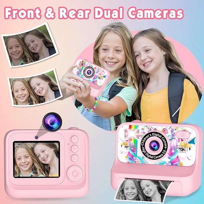 Kids Camera, Upgrade Kids Camera Instant Print, Front Rear Dual Selfie Digital CAM with 1080P Videos, Portable Travel Toy with Games and Music, Christmas Birthday Gift for Boys, Girls and Teens