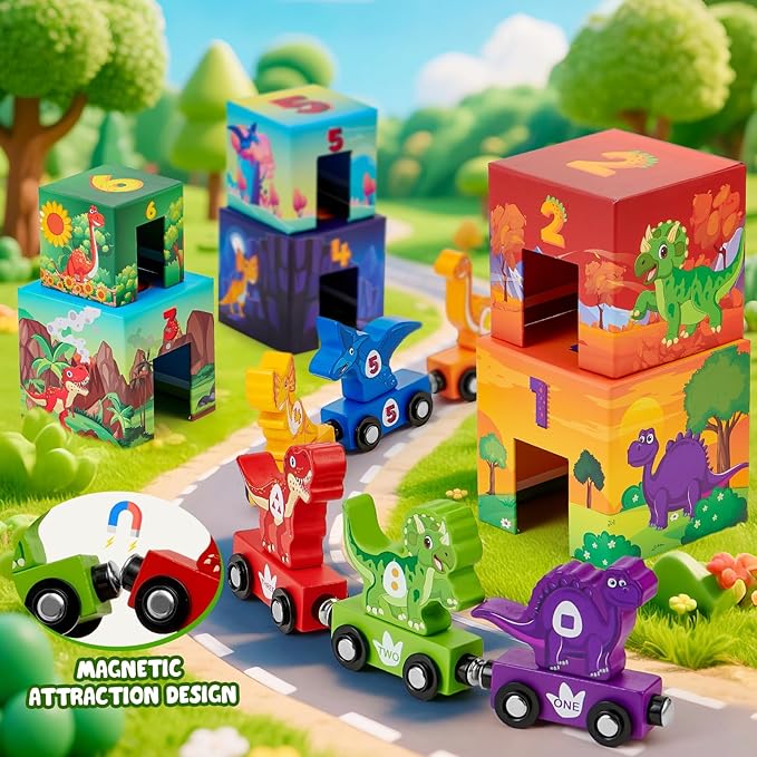 Atoylink Toddler Dinosaur Sorting and Stacking Toys with Magnetic Wooden Dinosaur Train Set, Baby Number Blocks Nesting Boxes Preschool Learning Montessori Toys for 1 2 3 Year Old Boys Girls Gift