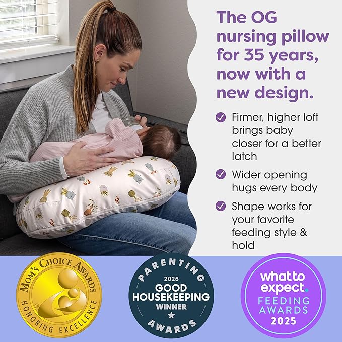 Boppy Nursing Pillow - Ergonomic Bottle & Breastfeeding Pillow with High, Firm, Large Area, Water-Repellent Cushion with Washable Cover; Baby Safety Alliance Verified - Tan Happy Houseplants