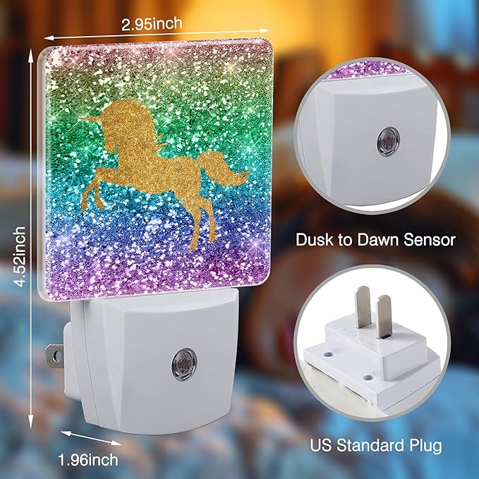Sparkles Unicorn Night Lights Plug into Wall for Girls Boys Room, Night Lights LED Lamp with Dusk to Dawn Sensor Nightlight for Bedroom Kitchen Bathroom Hallway Home Wall Decor