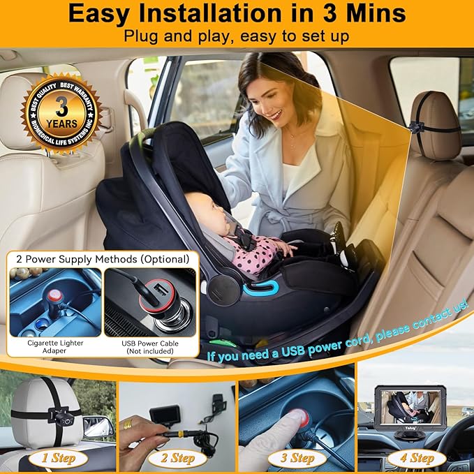 Yakry Baby Car Camera for Backseat - HD 1080P, 170° Wide Angle, Night Vision, 360° Rotation, Safe for Babies, Easy Install, Rear-Facing Baby Car Mirror for Parents Y60