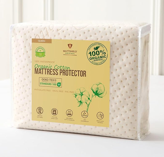 Luxury Waterproof Organic Mattress Protector Queen - Organic Cotton Breathable Mattress Pad Cover - New 380 GSM Comfort - Deep Pocket - Jersey Cotton Skirt - Fitted Comfort