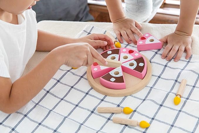 PlanToys® Pretend Play Birthday Cake Set | Food Toy with Removable Slices, Candles, Wooden Knife & Chalkboard Nameplate | Educational Toy for Imagination, Fine Motor Skills & Social Play