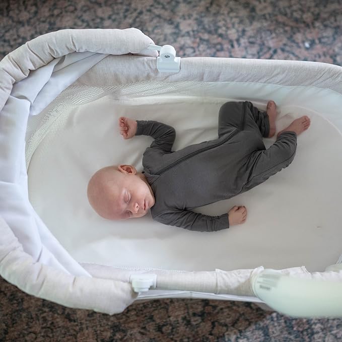 Baby Sweetli Calm Infant Bassinet Bedside Crib Sleeper with Cry Recognition, Electric Mobile with Deluxe Toys, Music, Nightlights, Vibration (Wheat Melange)