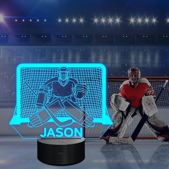 Customized Ice Hockey Night Light, 3D LED Optical Illusion Lamp with Remote Control and Timer, Perfect Christmas and Birthday Gift Idea for Boys, Kids, and Teen