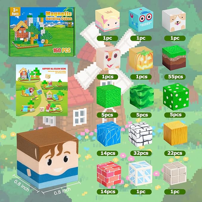 Magnetic Block Building Blocks 160PCS Magnet Cubes Toys, Build 3D Forest World Set, STEM Montessori Sensory Toys for Kids Boys and Girls Ages 3-5 4-8