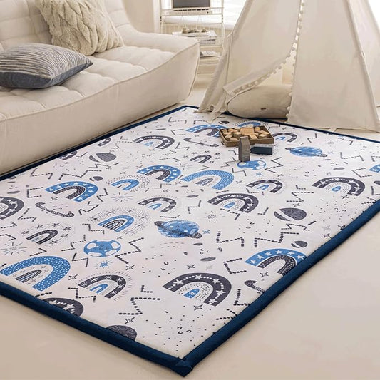 Loartee Rainbow Kids Play Mat - 1" Thick Baby Nursery Rug, Soft Crawling for Toddlers, Coral Velvet Memory Foam Tummy Time, Blue, 59"x78"