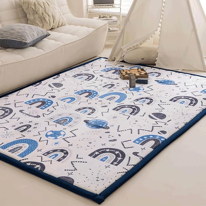 Loartee Rainbow Kids Play Mat - 1" Thick Baby Nursery Rug, Soft Crawling for Toddlers, Coral Velvet Memory Foam Tummy Time, Blue, 78"x94"