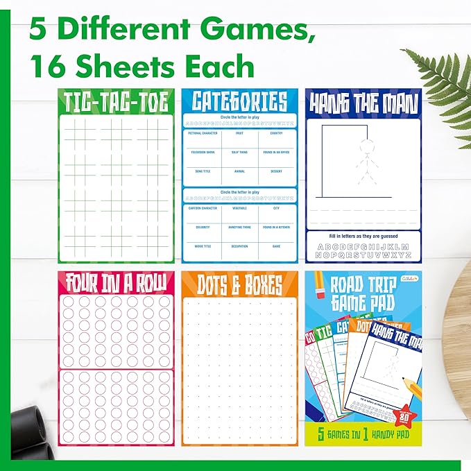 Road Trip Game Pad, 80 Tear-Off Sheets 5 Classic Games in 1 Pad, Dots & Boxes, Tic-tac-Toe, Categories, Plane Travel, Car Trip Activity, Pen Pencil & Paper Game for Kids, Adults (4” x 6”)