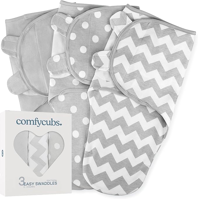 Comfy Cubs Easy Swaddle Blanket, 3 Pack - 100% Cotton Newborn Wrap, Small for 0-3 Months Infants, with Adjustable Velcro, Breathable and Durable Sleep Sack for Babies - Grey
