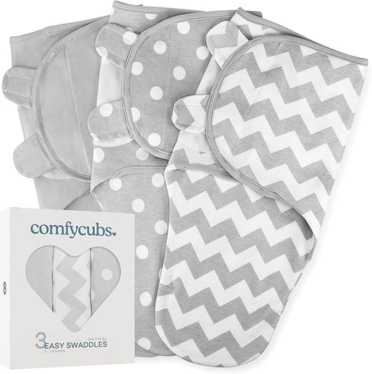 Comfy Cubs Easy Swaddle Blanket, 3 Pack - 100% Cotton Newborn Wrap, Small for 0-3 Months Infants, with Adjustable Velcro, Breathable and Durable Sleep Sack for Babies - Grey