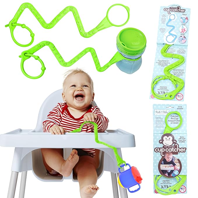 Brilli Baby Cup Catcher Patented Safety Tether Strap, Attach Sippy Cups, Bottles, Pacifiers & More to Stroller, High Chair, Car Seat, Made in USA, Food Grade, Dishwasher Safe (Lime & Lime)