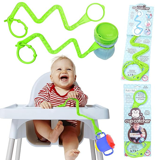 Brilli Baby Cup Catcher Patented Safety Tether Strap, Attach Sippy Cups, Bottles, Pacifiers & More to Stroller, High Chair, Car Seat, Made in USA, Food Grade, Dishwasher Safe (Lime & Lime)