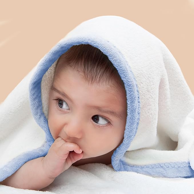 POLYTE Premium Hypoallergenic Microfiber Hooded Baby Bath Towel, 36 x 36 in, 2 Pack (White w/Yellow,Blue Trim)