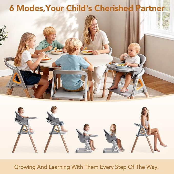 CoziBB Baby High Chair, 6-in-1 Convertible Growing Baby High Chair for Infants and Toddlers with Adjustable Plates and Seats, 5-Point Seat, Grey