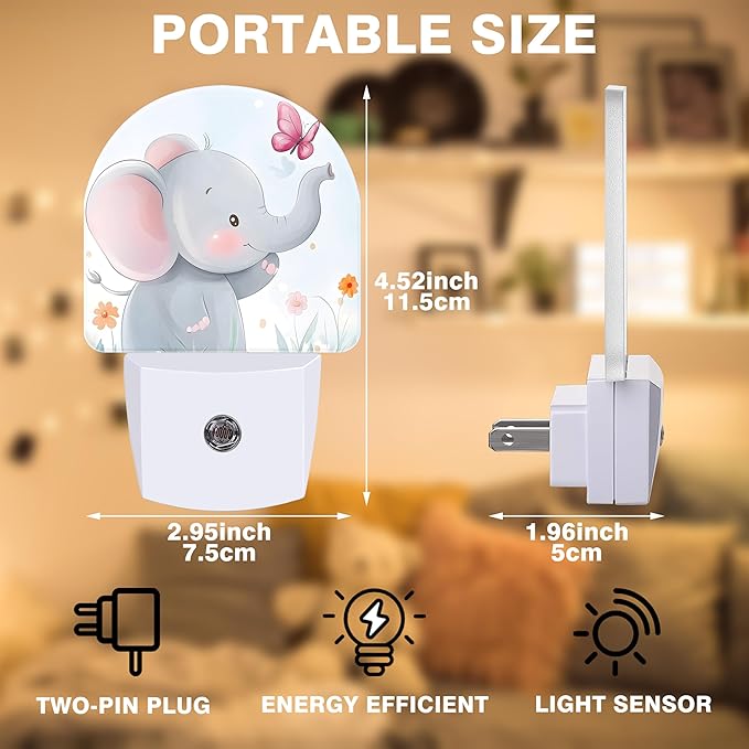 Floral Night Lights Plug into Wall Cute Elephant and Pink Butterfly Night Light Dusk to Dawn Smart Sensor Decorative Round Led Lamp for Bedroom Kitchen Hallway Nightlight for Women Men
