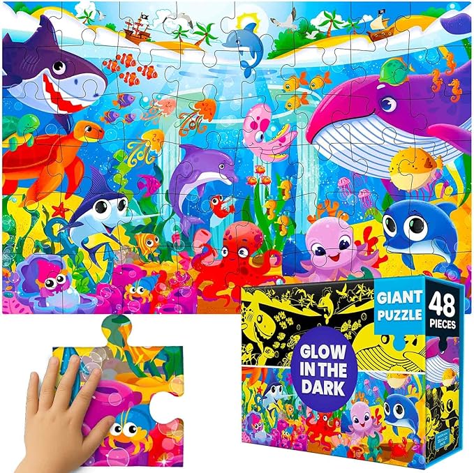 QUOKKA Floor Puzzles for Kids Ages 4–8 – 2x3 FT Giant Glow in The Dark Jigsaw – 48 Large Pieces – Deep Sea Adventure Scene – Montessori Toy with Gift Box – Fun Learning Activity