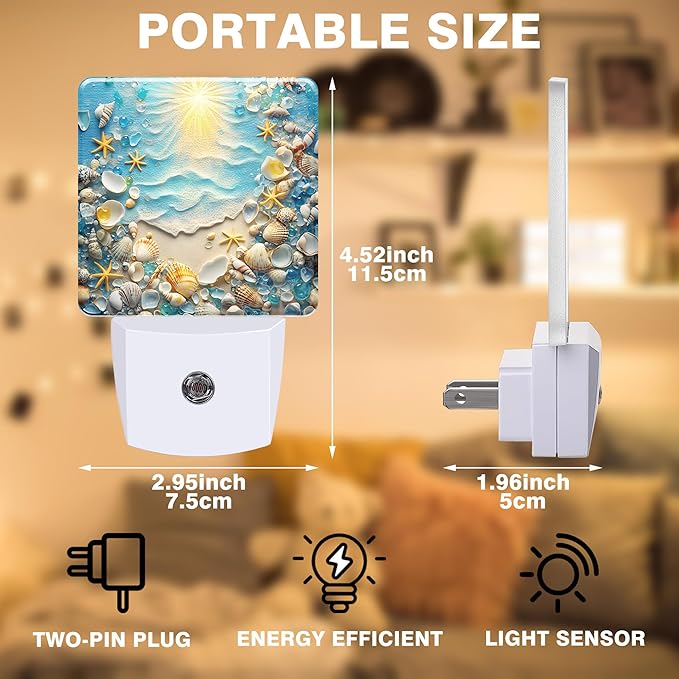 Night Light Seashells and Seastars on Sand Night Lights Plug into Wall Smart Dusk to Dawn Sensor 0.5W Energy Efficient Led Lamp for Men Women Bedroom Bathroom Hallway Stairway Decor