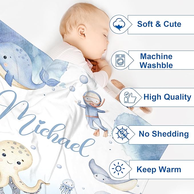 J&SBGFT Personalized Baby Blanket for Boys with Custom Name, Receiving Blanket for Toddlers and Kids' Nursery, Stroller, Crib, Decor and Throw, Undersea