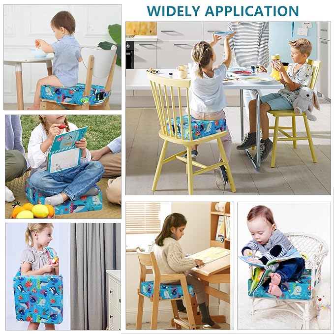 Toddler Booster Seat for Dining Table,4 Inches Washable Double Safer Straps Non-Slip Bottom Booster Seat for Kids, Portable Travel High Density Sponge Detachable Increasing Cushion for Child