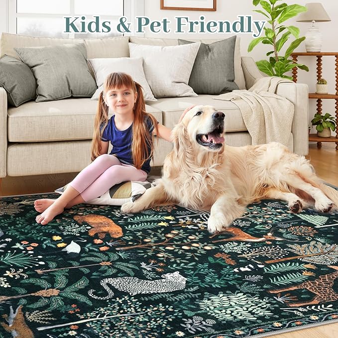 OJIA Jungle Print Nursery Rugs 8x10 Kids Room Rugs for Living Room Playroom, Green Soft Bedroom Rug Washable Area Rugs 8x10, Modern Dining Room Rug Stain Resistant Floor Carpet for Office, Green