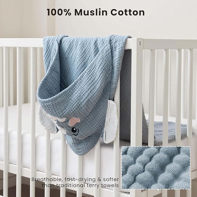 Konssy 2-Pack Muslin Baby Hooded Towels, 100% Cotton, Soft and Absorbent Baby Bath Towels for Newborn, Infant & Toddler with Animal Hooded Design(Elephant & Bear)