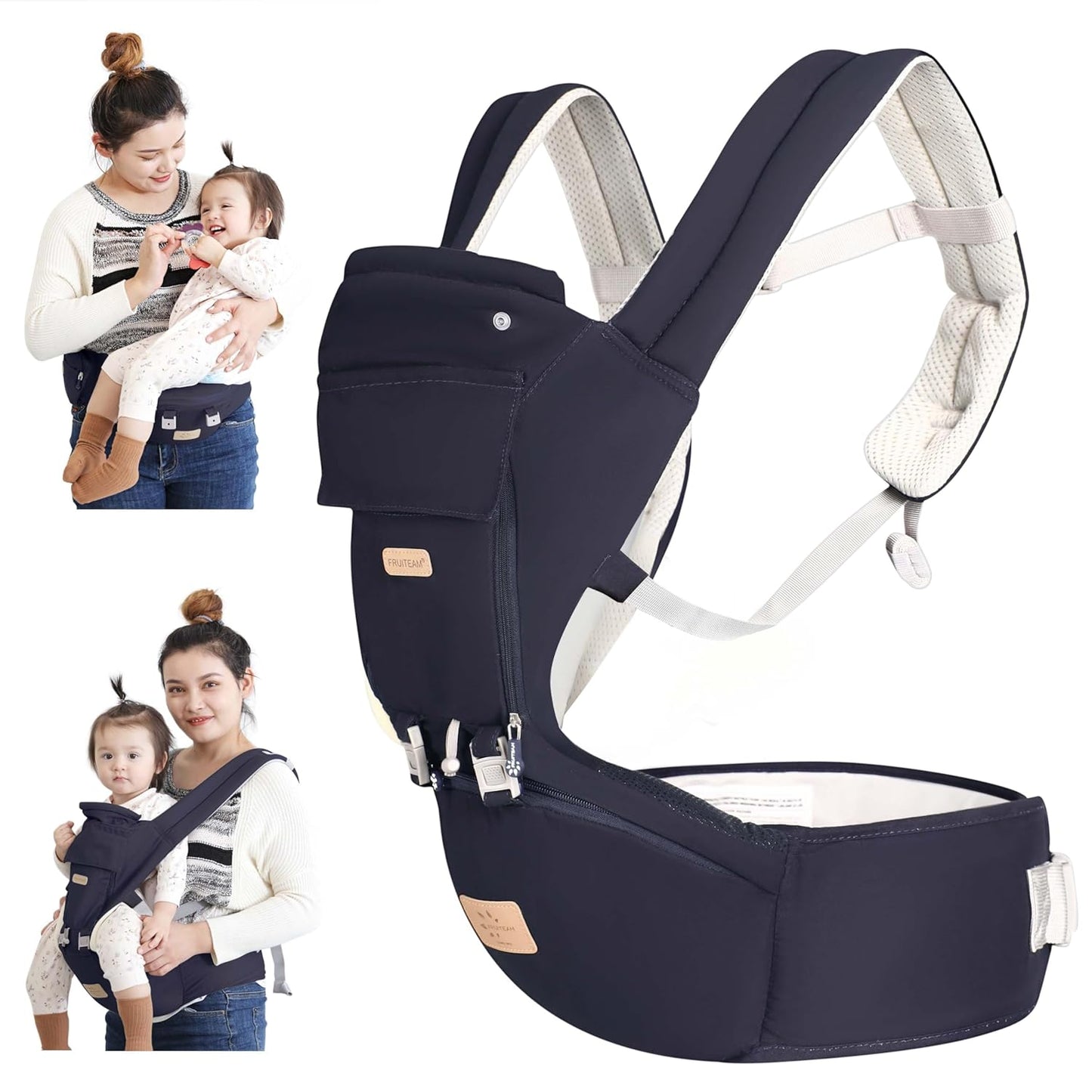 FRUITEAM 6-in-1 Baby Carrier with Waist Stool, Adjustable for Breastfeeding, One Size Fits All - Adapt to Newborn, Infant & Toddler (Navy)