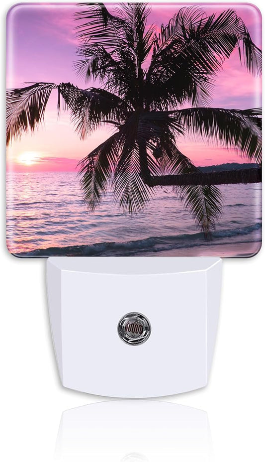 Purple Sunset with Palm Tree Plug Night Light,Tropical Beach Night Light Lamp Auto Sensor Energy Efficient Dusk to Dawn Lights for Girls Boys Women Room Decor,Hallway,Kitchen,Bathroom,Nursery,Stairs
