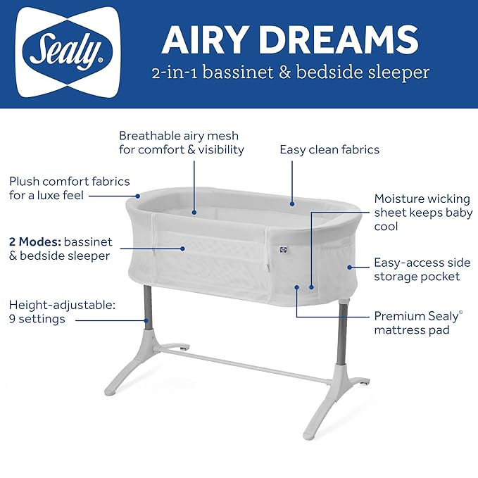 SEALY BABY Airy Dreams, Breathable, Portable Bedside Bassinet Sleeper, 2-in-1, Newborn Room Sharing, Adjustable Height, 9 Settings, Storage Pocket, Drop Down Panel