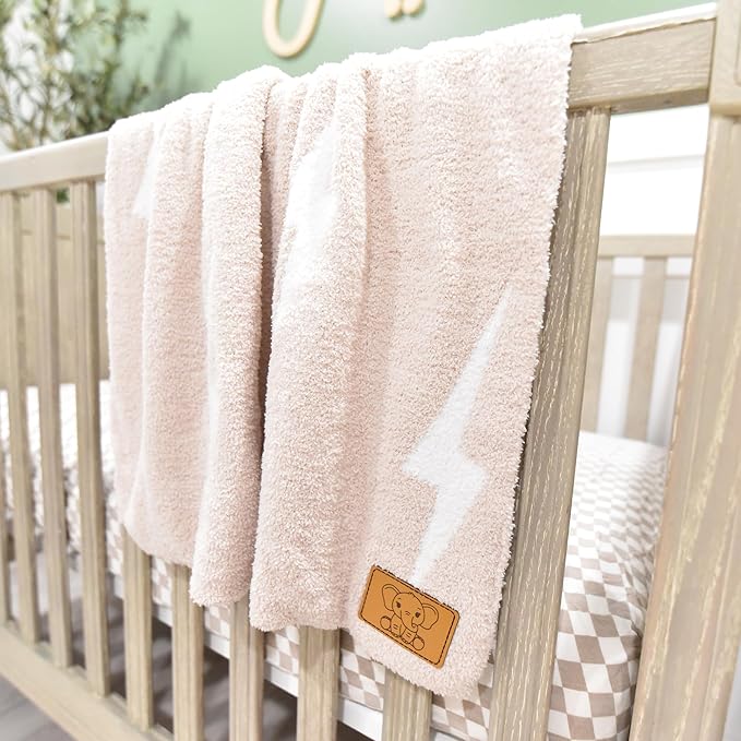 Lightning Bolt Baby Blanket 28"x40" - DreamSoft Knit Throw for Crib, Stroller or Car Seat - Soft Receiving Blanket/Newborn Nursery Gift Essential for Toddler, Infant, Kids, Boys & Girls (Tan/White)