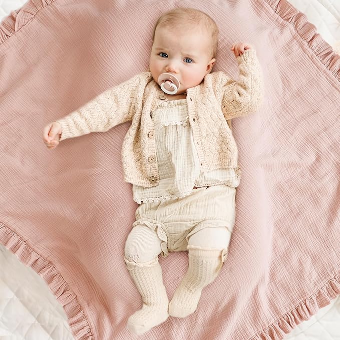 Konssy Flounce Muslin Baby Blankets, Cotton Crib Blanket for Baby Infant Toddler, Super Soft and Lightweight Nursery Blankets 40"x36" (Pink)