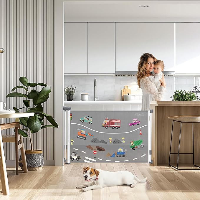 Retractable Gates for Stairs, Mesh Dog Gate for The House, Wide Pet Gate 34" Tall, Extends to 71" Wide, Long Safety Gates for Doorways, Hallways, Cat Gate Indoor/Outdoor (Car)