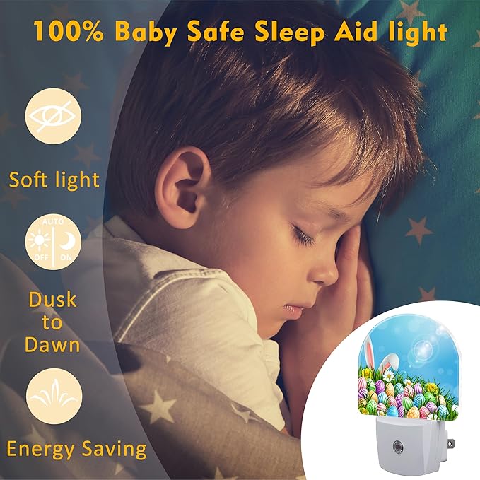 Easter Bunny and Eggs Night Light Plug into Wall,Colorful Easter Eggs Rabbit Dusk to Dawn Night Light Plug in,0.5w Energy Saving Sleep Friendly NightLight for Kids Boys Girls Home Decor