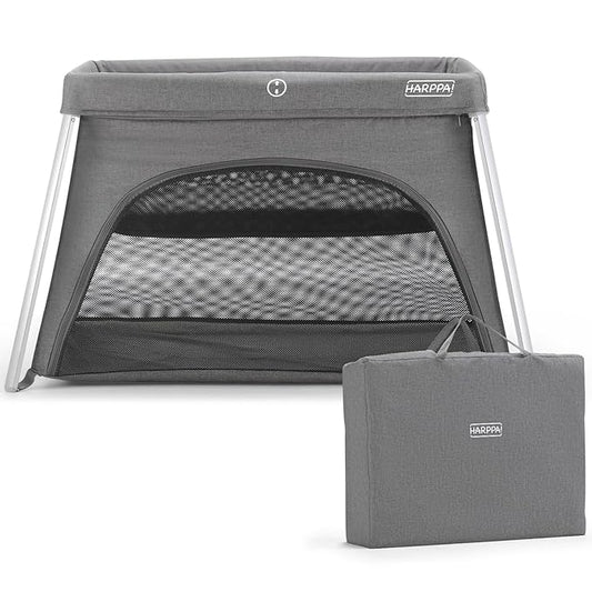 HARPPA Travel Crib with Comfy Mattress, Lightweight Portable Crib Requires No Assembly, Foldable Pack and Play for Baby and Toddlers, Compact Play Yard with Bed,Gray