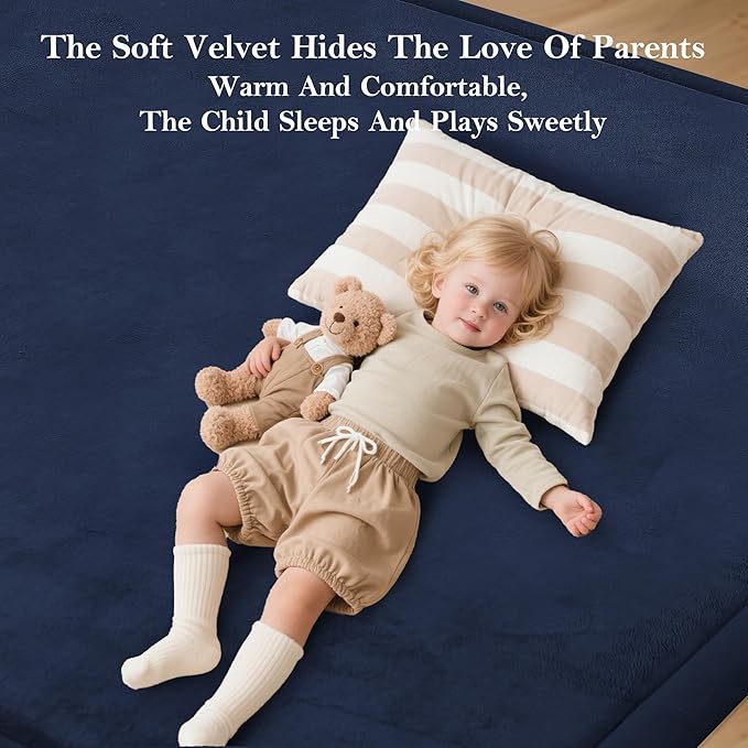 Baby Play Mat for Floor, 1.3"Thick Extra Large Cushioning Memory Foam Playpen Mat, Soft Coral Velvet Baby Crawling Mat with Non-Slip Backing for Toddlers,Infants,Kids,Yoga Mat (Dark Blue 59"×79") ﻿
