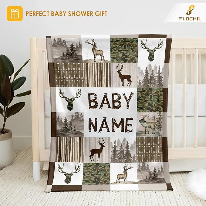 FLOCHIL Personalized Baby Blankets, Custom Baby Blanket - Baby Blanket with Name for Boys, Best Gift for Newborn Elephants Flush Fleece (30x40) (Deer)