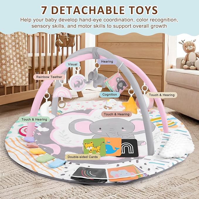 Baby Play Gym & Activity Mat, Tummy Time Mat with Tummy Time Pillow 7 Detachable Sensory Toys and Educational Cards for Motor Skills & Sensory Development, Baby Essentials Shower Gift, Pink Elephant