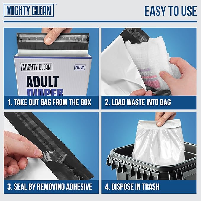 Mighty Clean Extra Large Adult Diaper Disposable Bags - 30 Bags | Leak-Proof, Odor Sealing, Tear Resistant | Discreet for Diapers, Incontinence Pads, Sanitary Product Disposal | Durable and Unscented