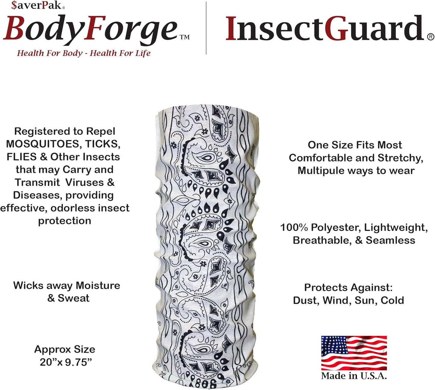$averPak BodyForge & InsectGuard - Permethrin Treated Mosquitoes, Flies, Ticks & More Insect Repellent Tube Bandanna Neck Gaiter Headband (White Paisley)