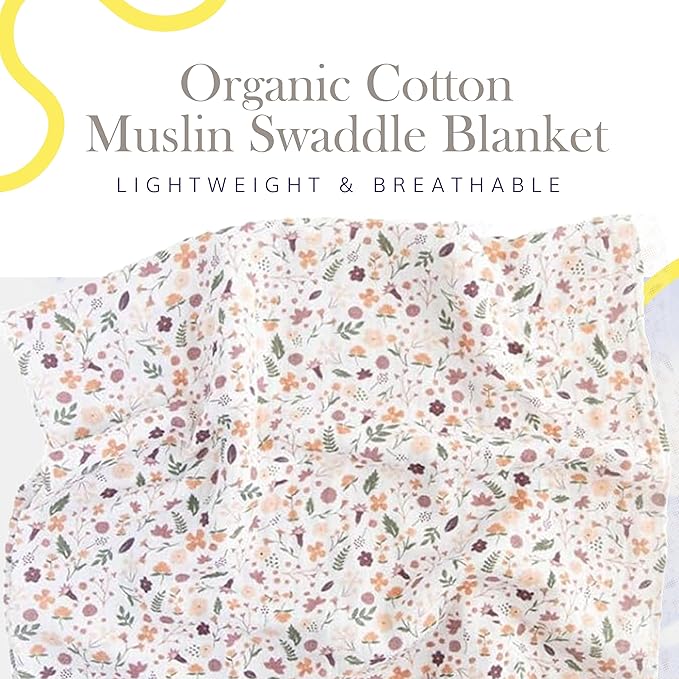 RED ROVR 100% Certified Organic Cotton Muslin Swaddle | Newborn Receiving Blanket | Baby Wrap | Boy, Girl, Unisex | Soft, Lightweight, Breathable | Burping, Nursing | 44" x 44" | Mauve Meadow