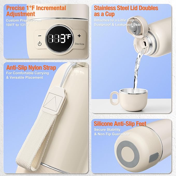 Portable Bottle Warmer for Travel– Warm Baby Formula, Breastmilk, or Water, 13.5oz Milk Warmer with Precise Temp Control & Long Battery Life, Super Fast Charging Baby Bottle Warmer for On-The-Go