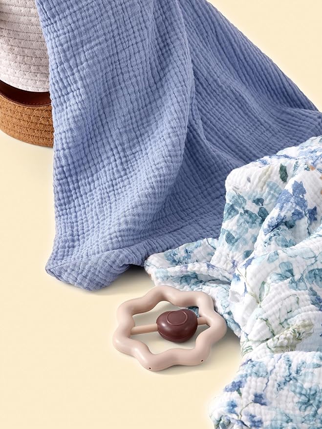 TILLYOU Muslin Hooded Baby Towels for Newborn 2 Pack, 32x32Inch Soft Baby Bath Towel Highly Absorbent for Newborn and Infant, Essential for Newborn Care, Blue Flower