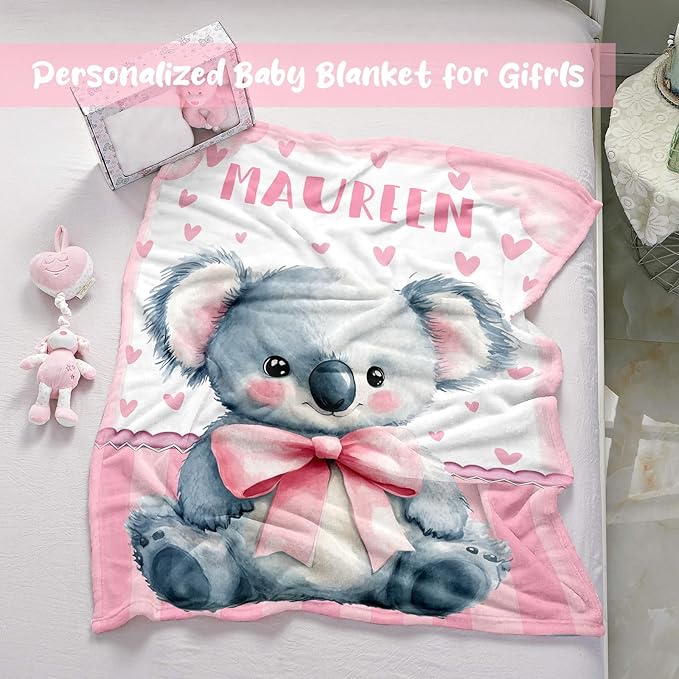 Personalized Baby Blanket for Girls, Custom Baby Blanket with Name, Soft Cozy Personalized Name Blankets for Kids, Customized Koala Blanket for Infant Toddler Birthday Christmas