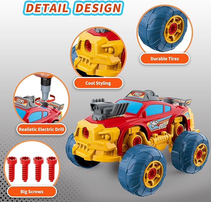3-in-1 Take Apart Car for Boys with Electric Drill, 46Pcs Construction Toy Truck, Build Your Own Toy Car with Play Tools, Ideal STEM Gift for Kids Children Ages 3 4 5 6 7 8 9 Year Old Red