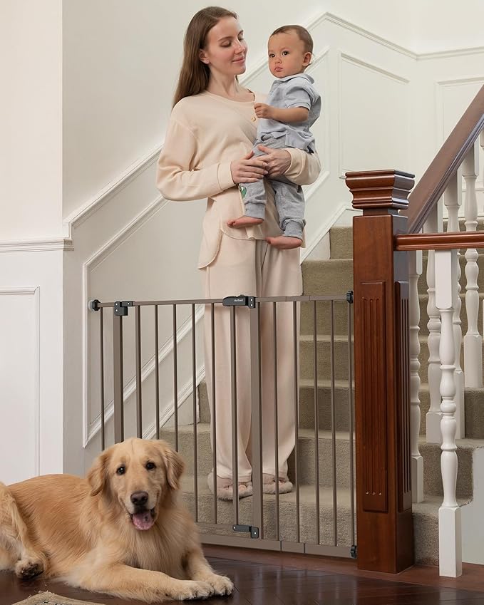 InnoTruth 29.5–40.75" Baby Gate for Stairs, 30" Tall Dog Gates for Doorways & Hallways, Safety Gate for Kids & Pets, Pressure-Mounted Walk-Through with Dual Lock & 2-Way Swing, Brown